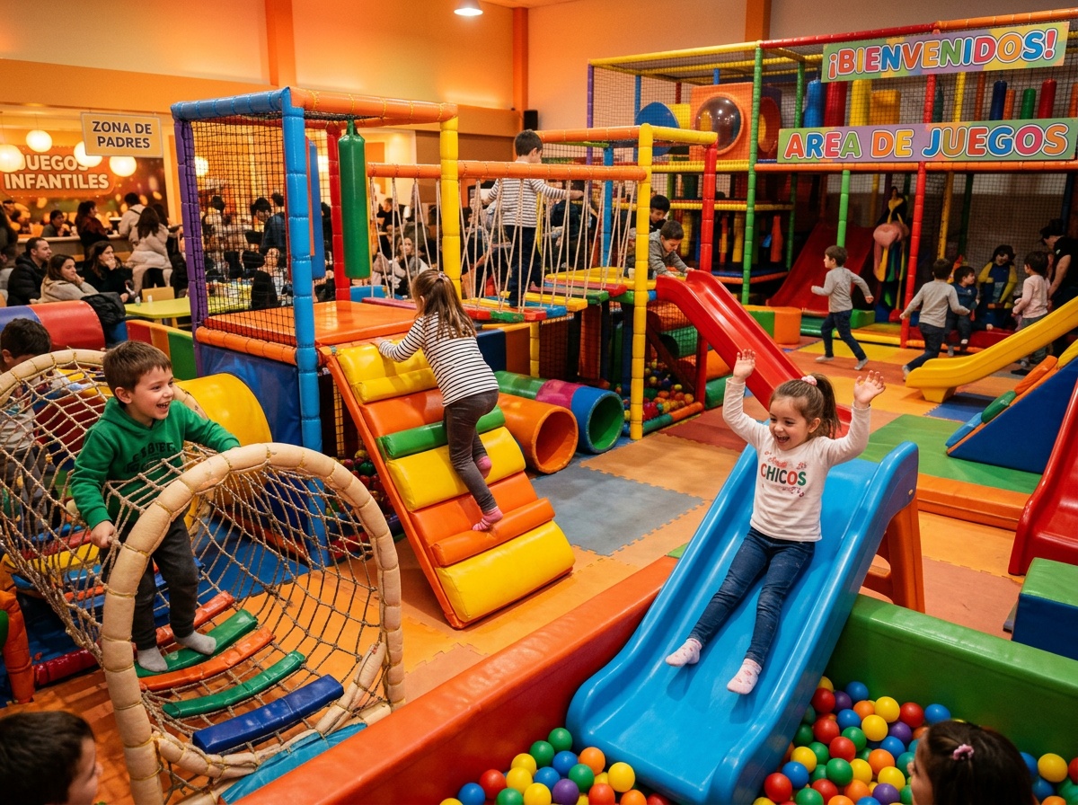 Área infantil de juego con toboganes y estructuras